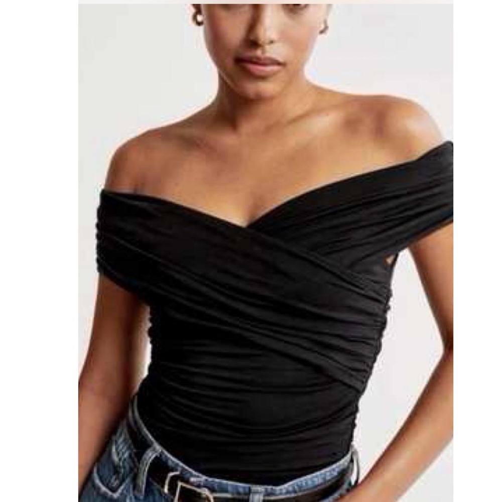 Abercrombie & Fitch Draped Wrap Top Womens XS Black Ruched Off Shoulder V-Neck